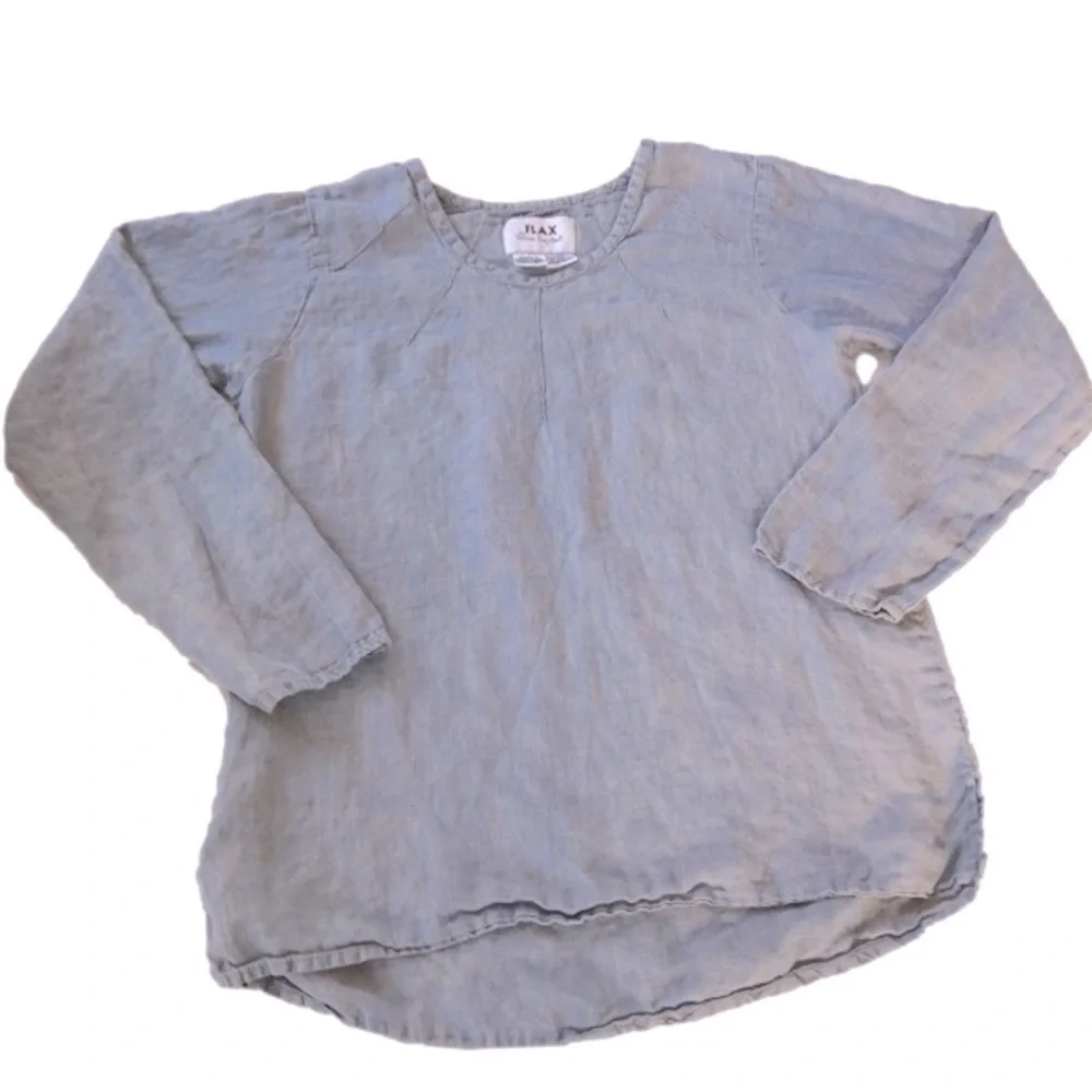 Flax Blue Tunic Minimalist 100% Linen Long Sleeves w/ Pintuck Detail Sz SP - Picture 7 of 11
